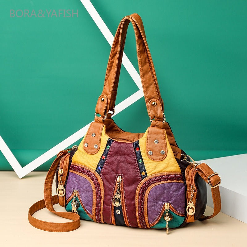 Multicolor patchwork Alternative darkwear fashion hobo shoulder bag women brown purple vintage gold hardware